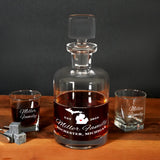 a bottle of whiskey sitting on top of a wooden table