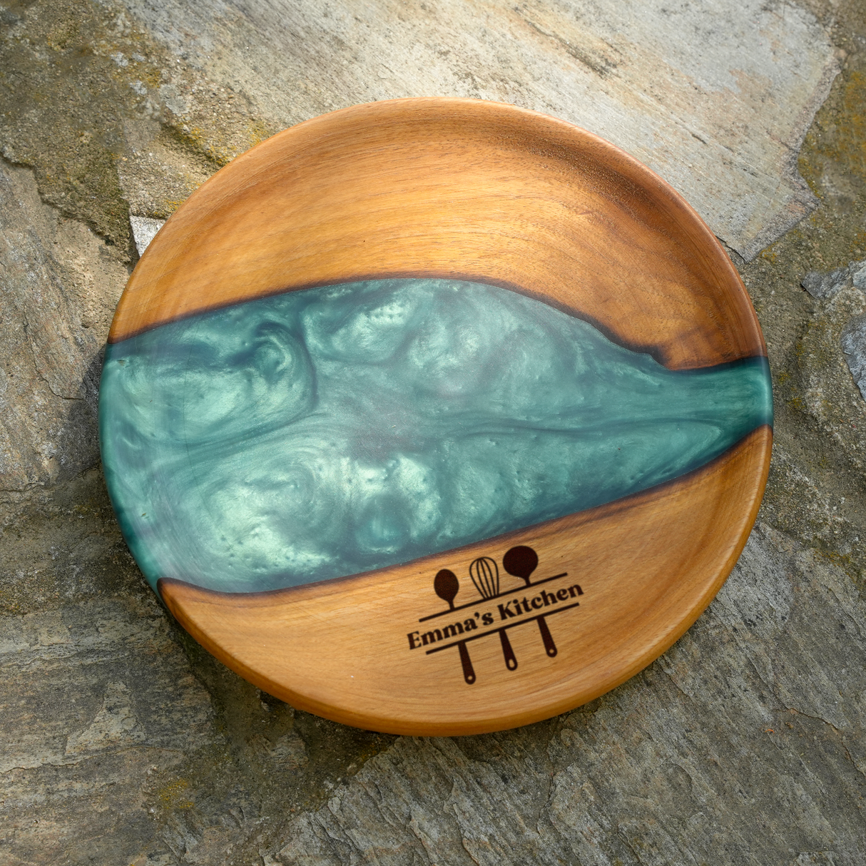 Wood and Epoxy Personalized Kitchen Platter: Custom Engraved Rustic Tray for Serving