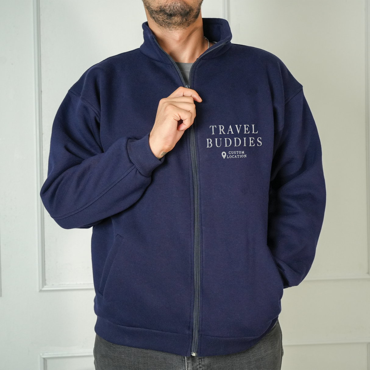 Adventure Awaits Embroidered Sweatshirt: Custom Initial on Sleeve, Christmas Gift for Travelers
