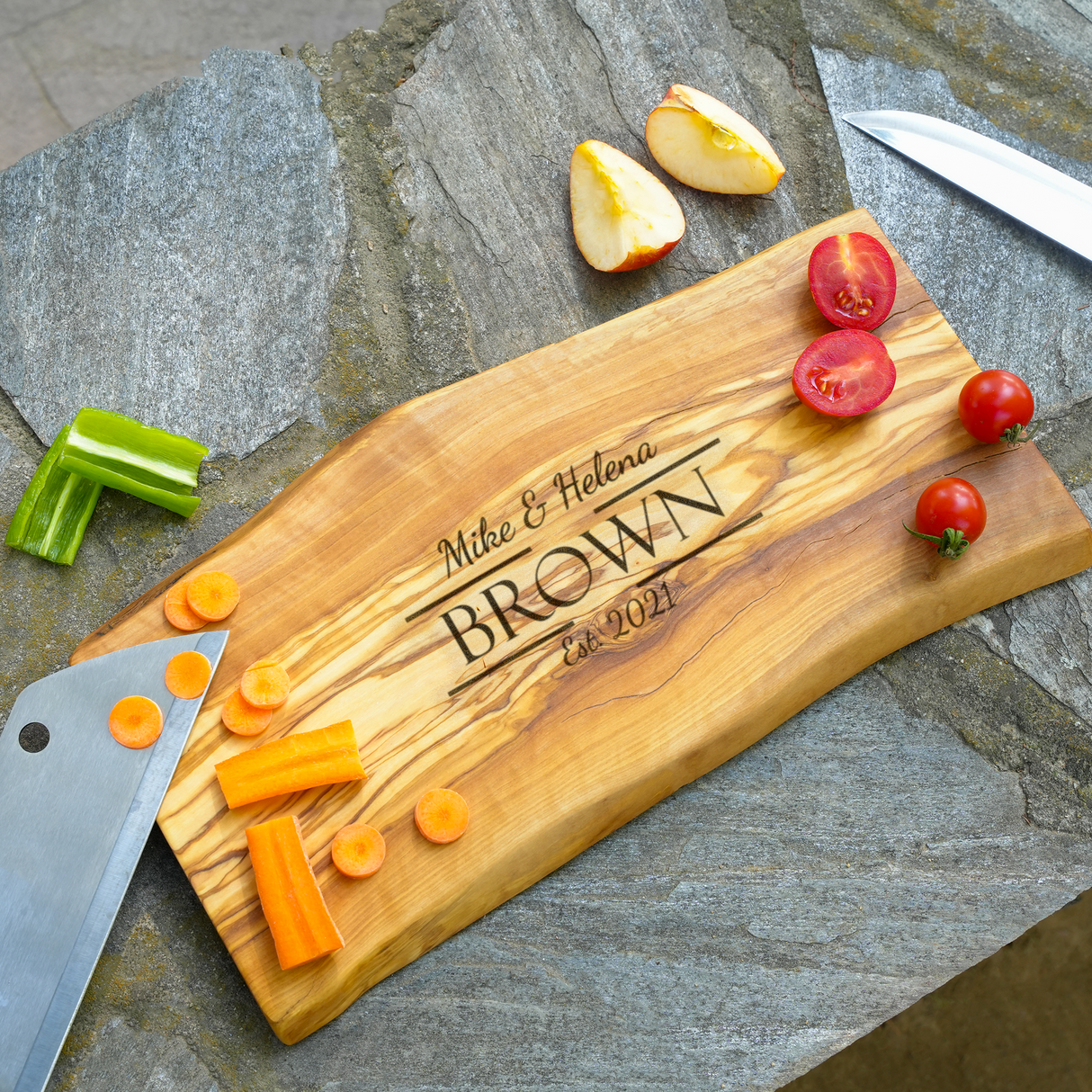 Personalized Olive Wood Cutting Board: Live Edge Charcuterie Serving Tray for Anniversary