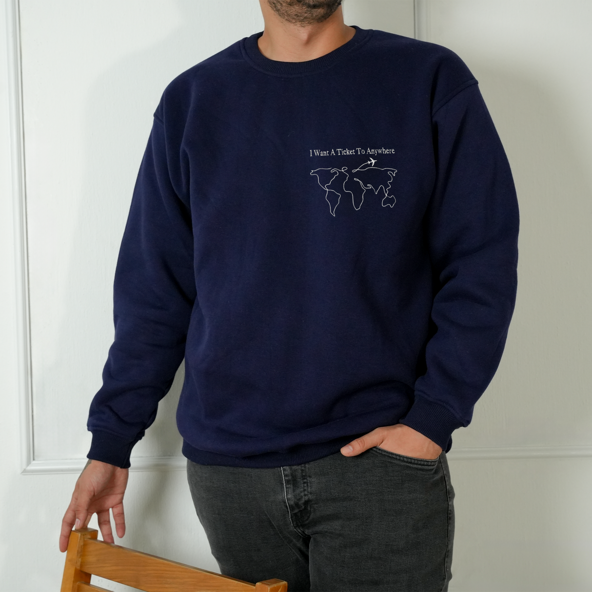 Adventure Awaits Embroidered Sweatshirt: Custom Initial on Sleeve, Christmas Gift for Travelers