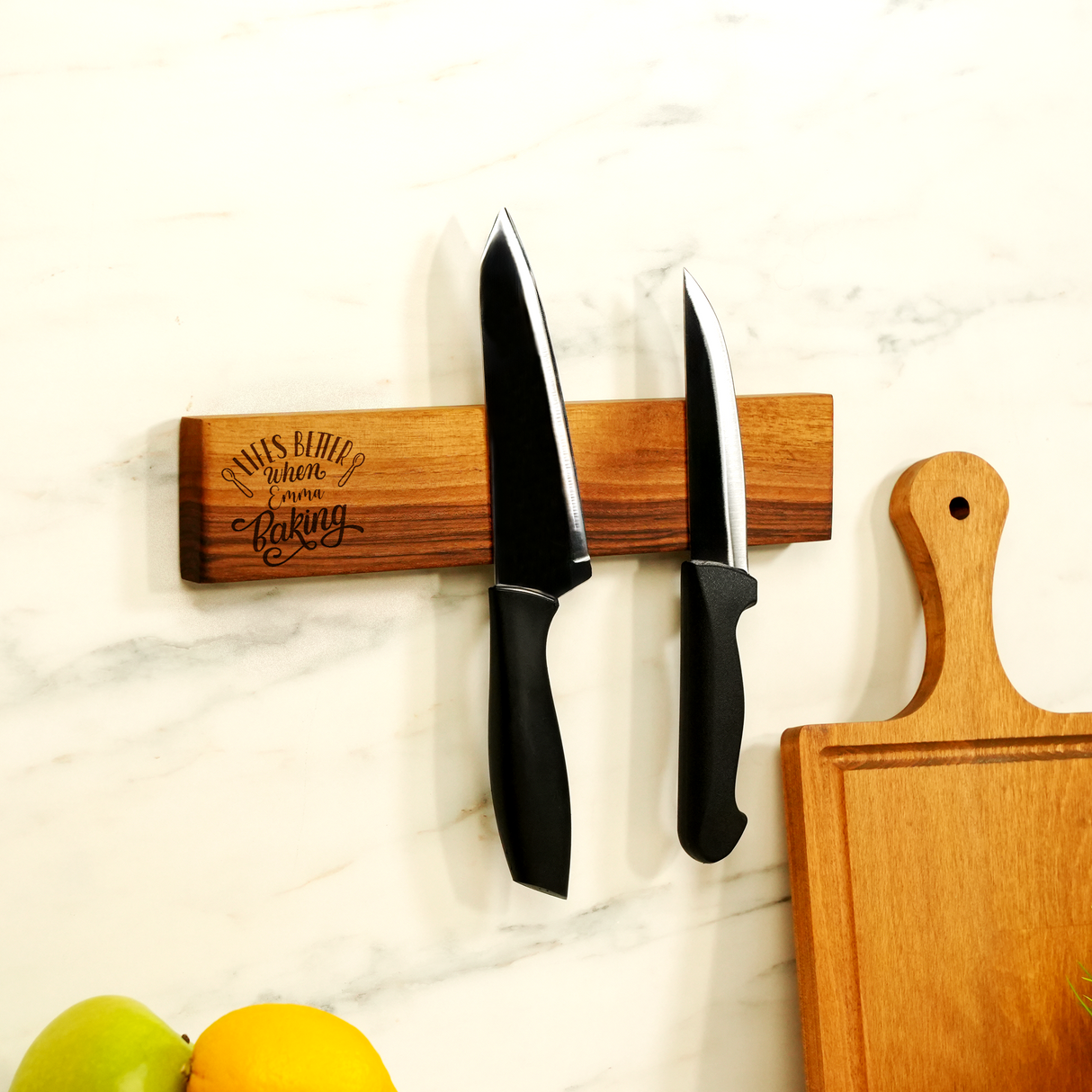 Engraved Walnut Magnetic Knife Strip: Personalized Kitchen for Grandma, Live Edge Wooden Display