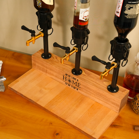 Wooden homebrewing equipment stand with three bottles on a wooden surface.