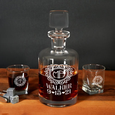 a bottle of whiskey sitting on top of a wooden table