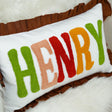 A decorative pillow with the name &quot;HENRY&quot; embroidered in colorful letters.