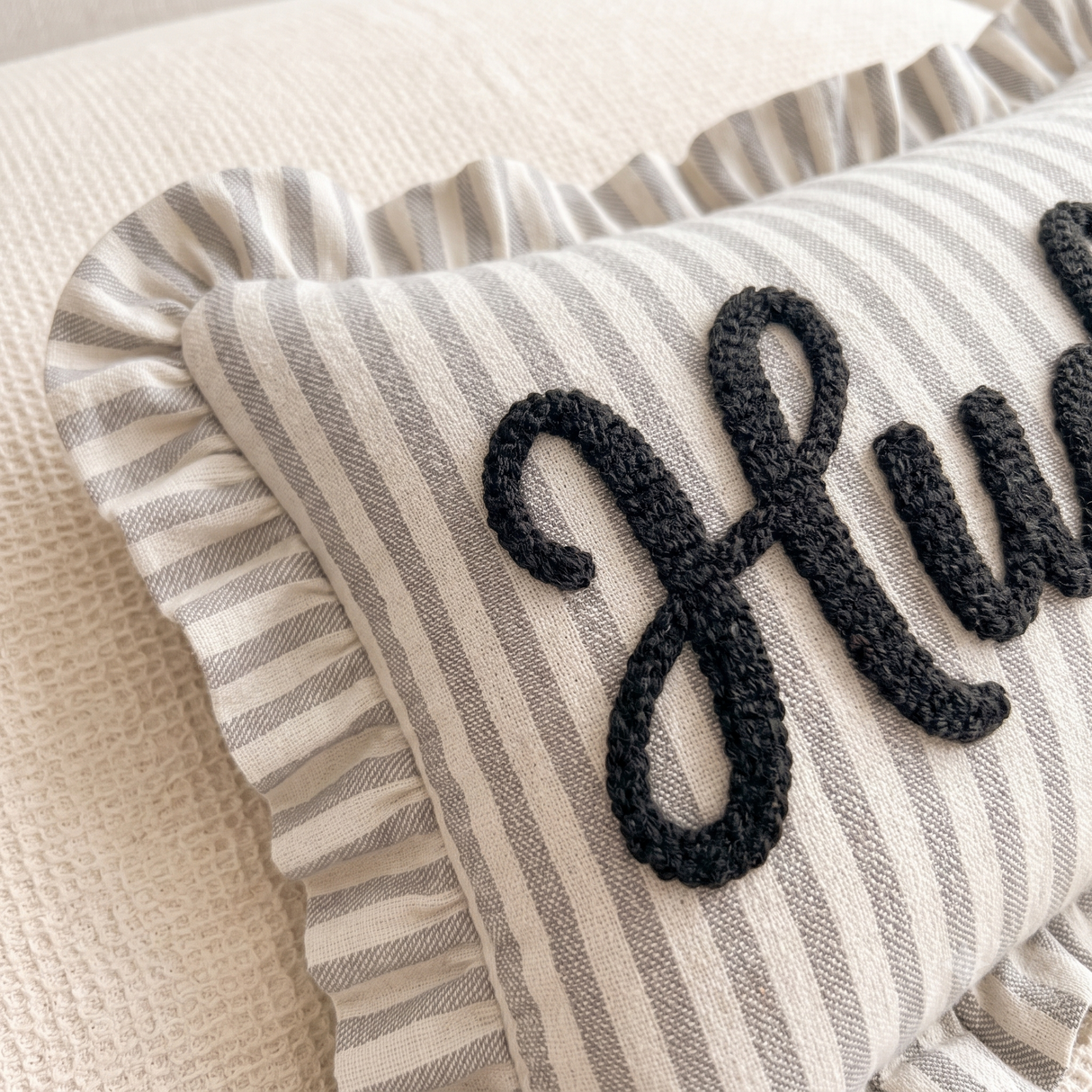 Striped Ruffle Custom Name Pillow, Personalized Nursery Cushion, Baby Newborn Gift