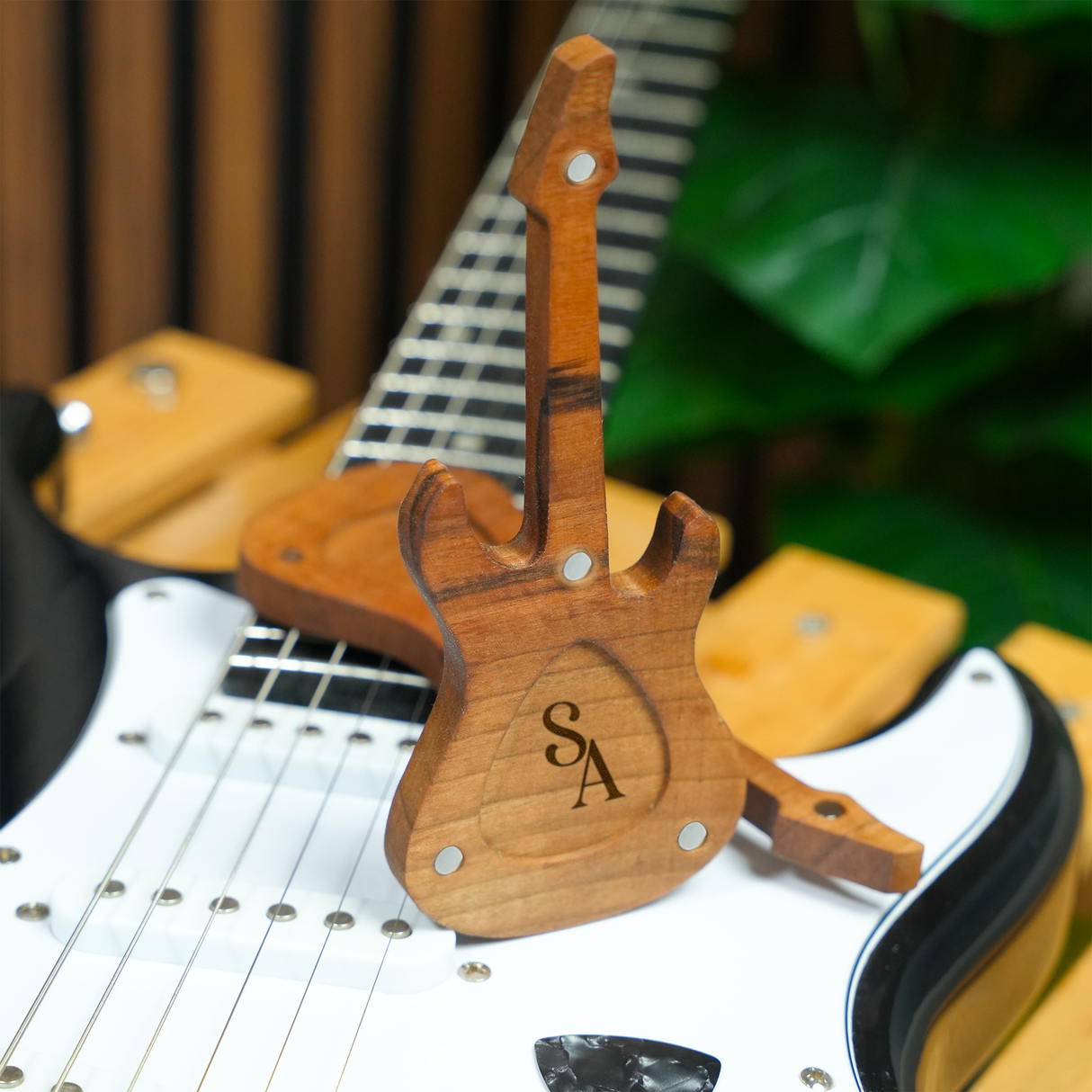 Custom Guitar Pick Holder Magnetic Wood Display: Christmas Gift for Guitar Player