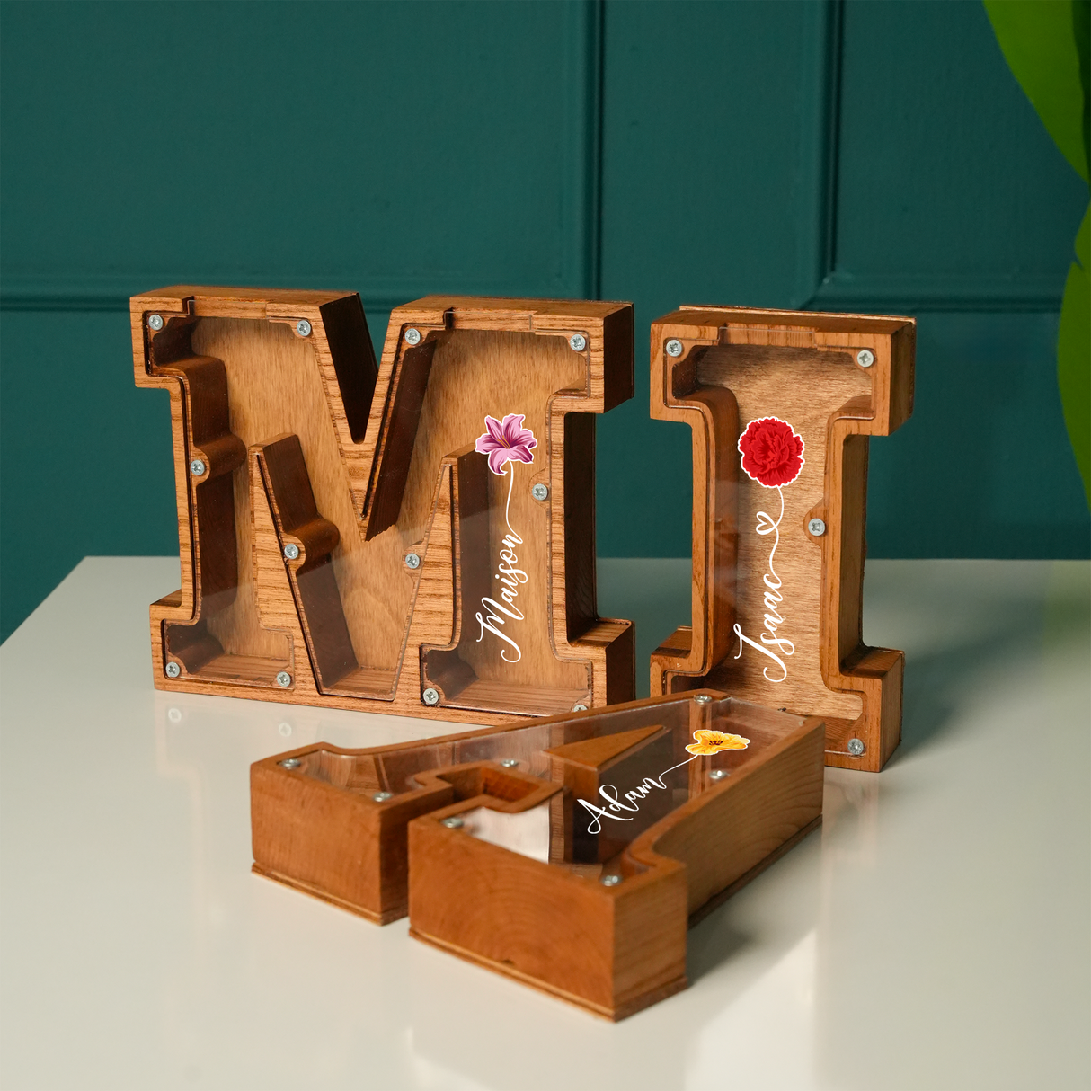 Custom Name Piggy Bank with Birth Flower: Personalized Wooden Letter Box, Birthday Gift