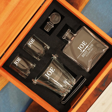 a wooden box containing three bottles of perfume