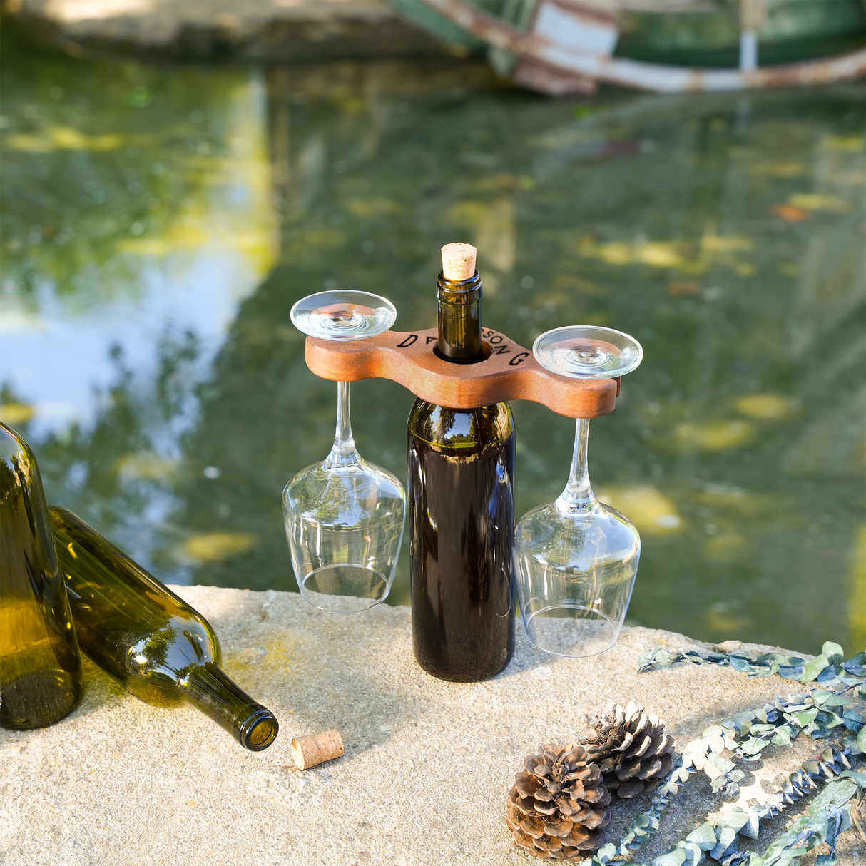 Personalized Walnut Wine Glass Holder: Rustic Engraved Wine Caddy for Couples Home Bar