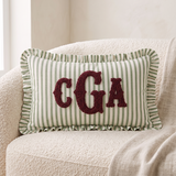 Monogram Custom Embroidered Pillow: Personalized College Gift Dorm Decor, Striped Ruffled Cushion