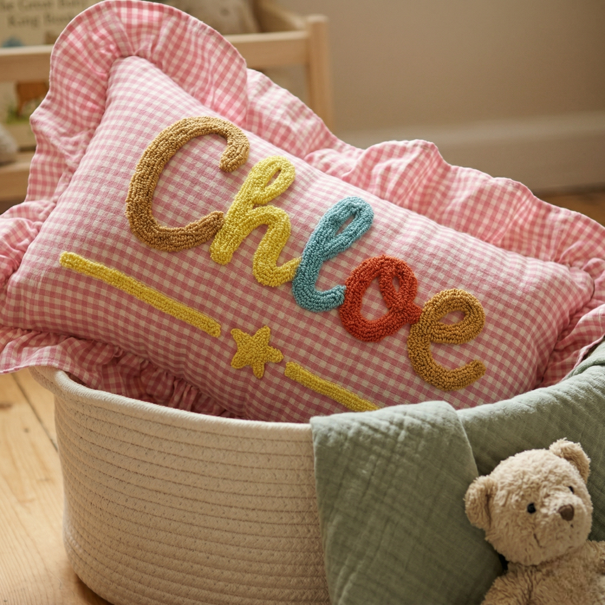 Custom Name Punch Needle Pillow: Embroidered Nursery Decor Baby Gift