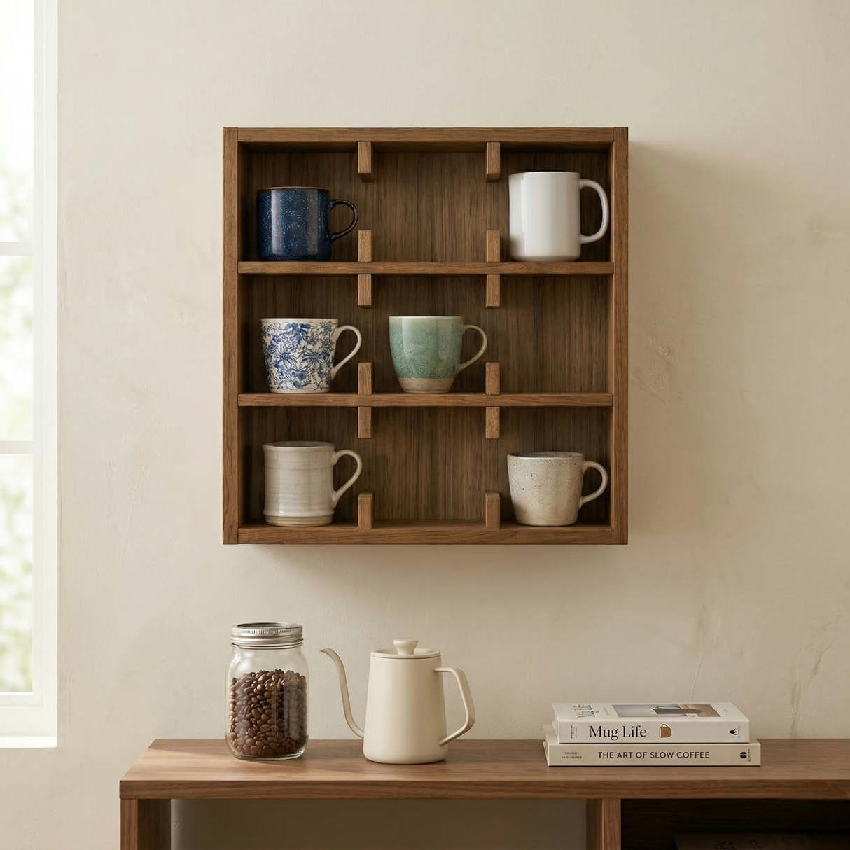 Wooden Coffee Mug Holder Wall Shelf: Coffee Bar Organizer for Kitchen