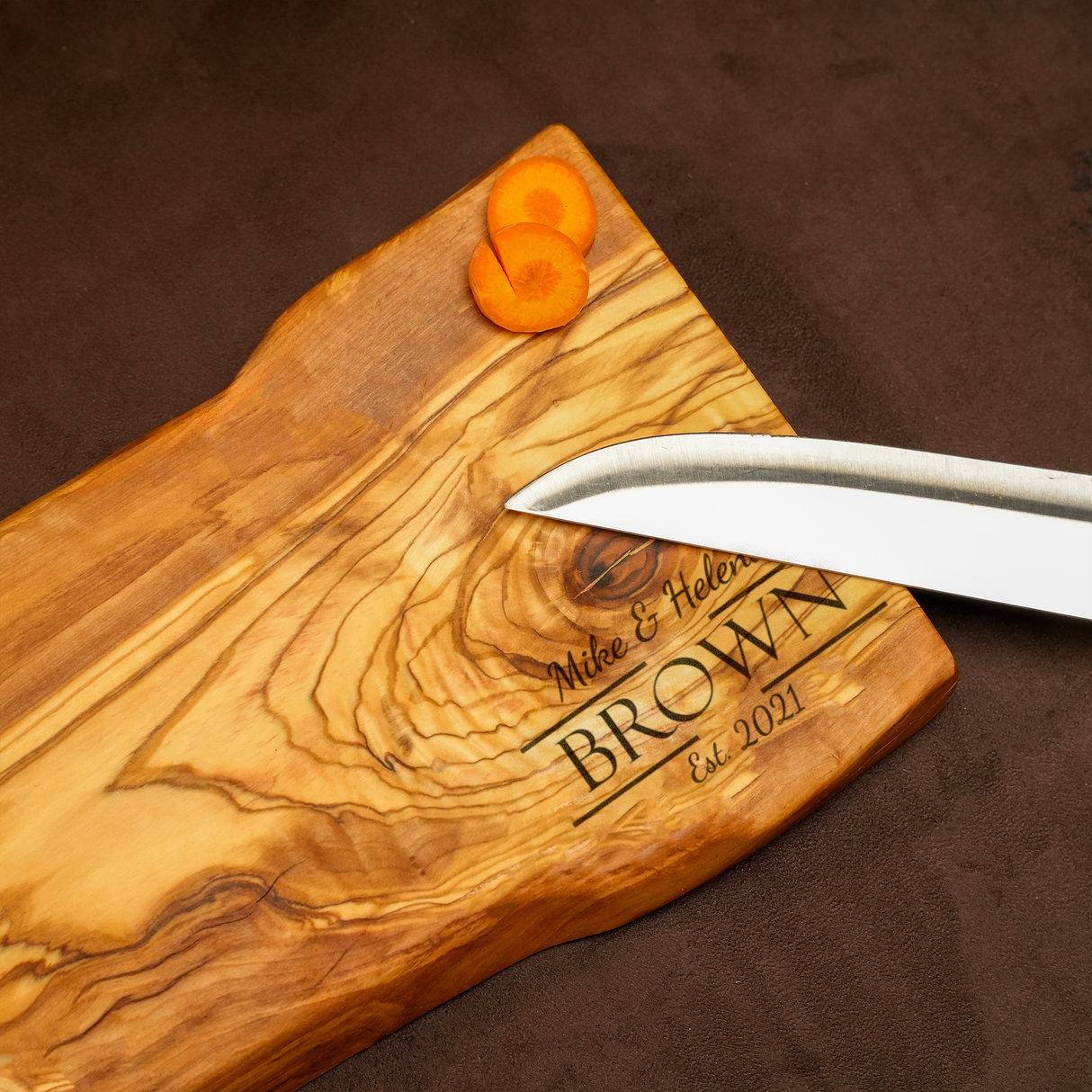 Olive Wood Personalized Cheese Serving Board: Live Edge for Housewarming Gift