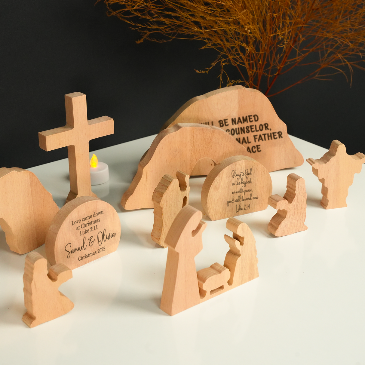 Custom Farmhouse Christmas Decor Wooden Nativity Set: Personalized Bible Verse Display