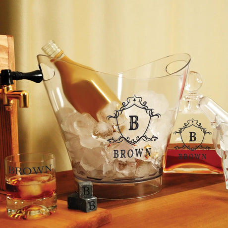 a wooden table topped with bottles of liquor and ice