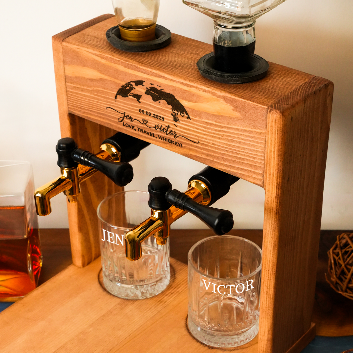 Personalized Whiskey Dispenser, Wooden Liquor Dispenser, Bourbon Decanter, Engraved Whiskey Glass Set, New Home Bar Decor, Wedding Gifts