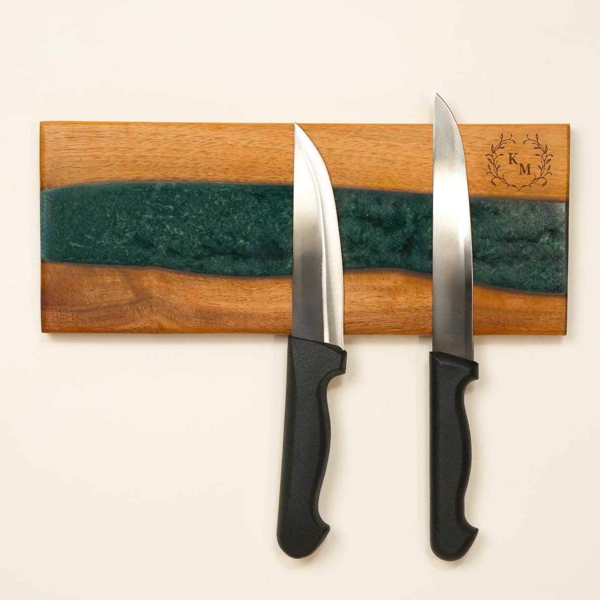 Peronalized Epoxy Walnut Knife Holder with Magnetic Stand: Laser Engraved Wood Rack, Handmade Kitchen Gift