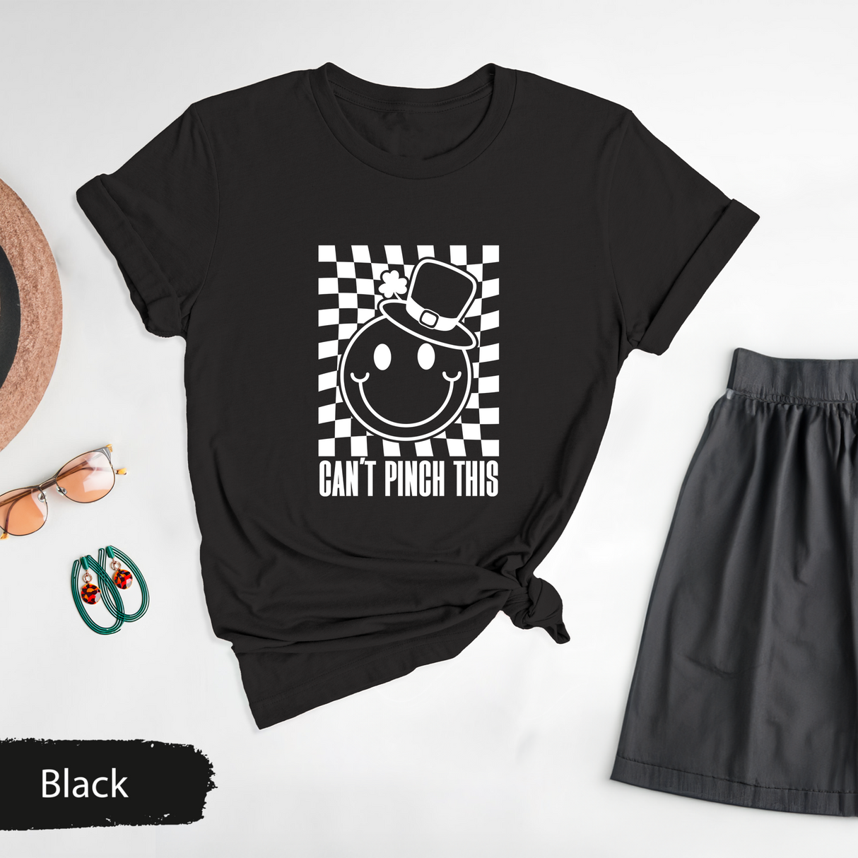Can't Pinch This Shirt, Funny St Patricks Day Tee, Retro Smiley Face Shamrock TShirt, Lucky Irish Checkerboard Graphic Tee, Saint Pattys Day