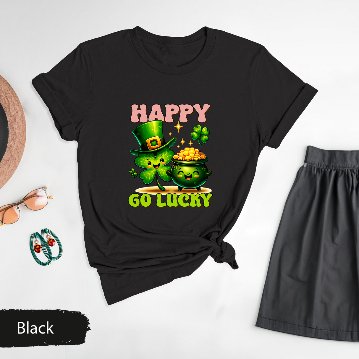 Happy Go Lucky Shirt, St Patricks Shirt, Cute Shamrock Tee,  Lucky Gift, Irish Day Gift, Irish Clover Graphic Tee,Funny St Paddys Day Outfit
