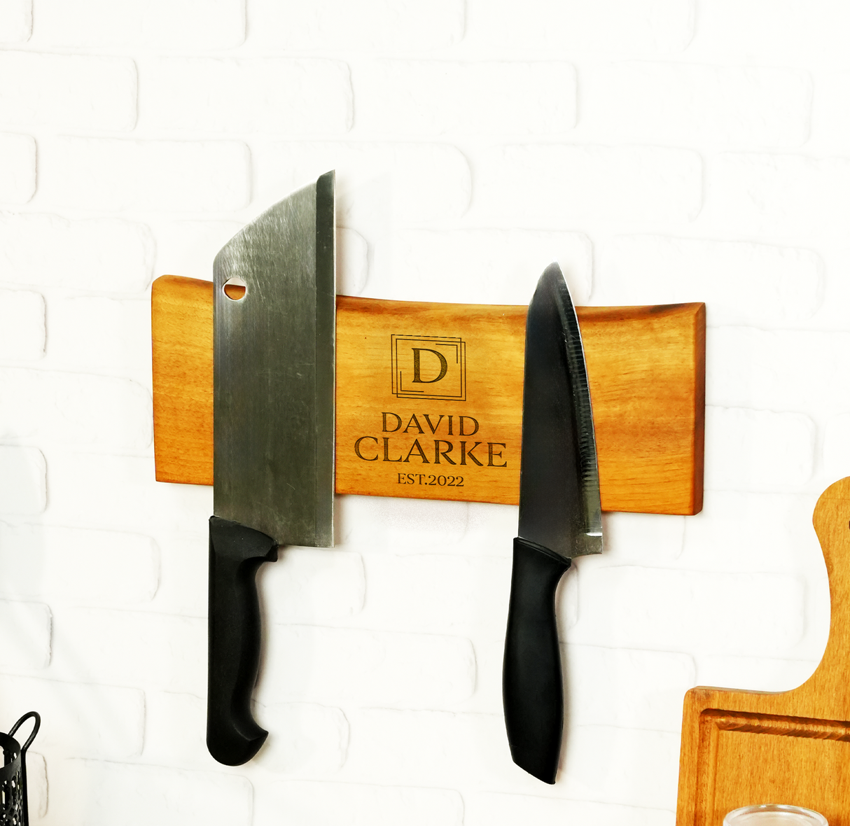 Personalized Walnut Magnetic Knife Holder: Custom Engraved Wooden Wall Rack, Handmade Kitchen Organizer