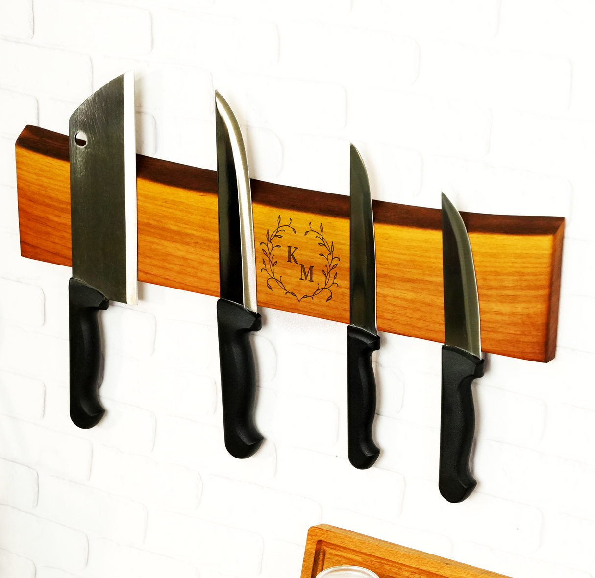 Live Edge Wooden Magnetic Knife Display Stand: Personalized Kitchen Block, Couples Anniversary