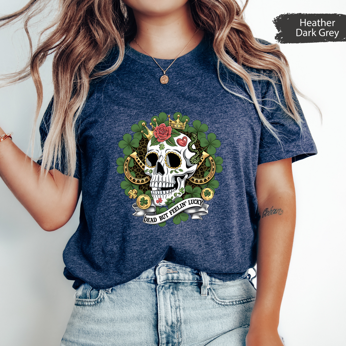 Dead But Feelin Lucky T-Shirt, Skull Clover Shirt, St Patrick's Day Tee, Lucky Skeleton Shirt, Irish Luck Graphic Tee, Gothic Skull Shirt