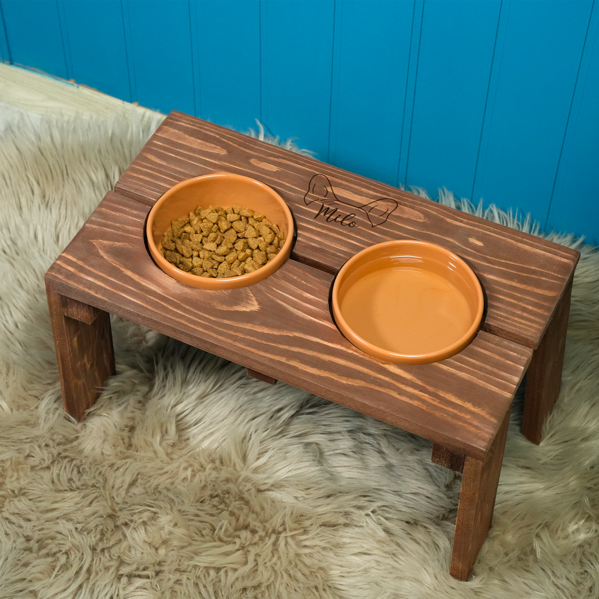 Personalized Wooden Dog Feeder: Raised Pet Dish Holder with Engraved Dog Ears