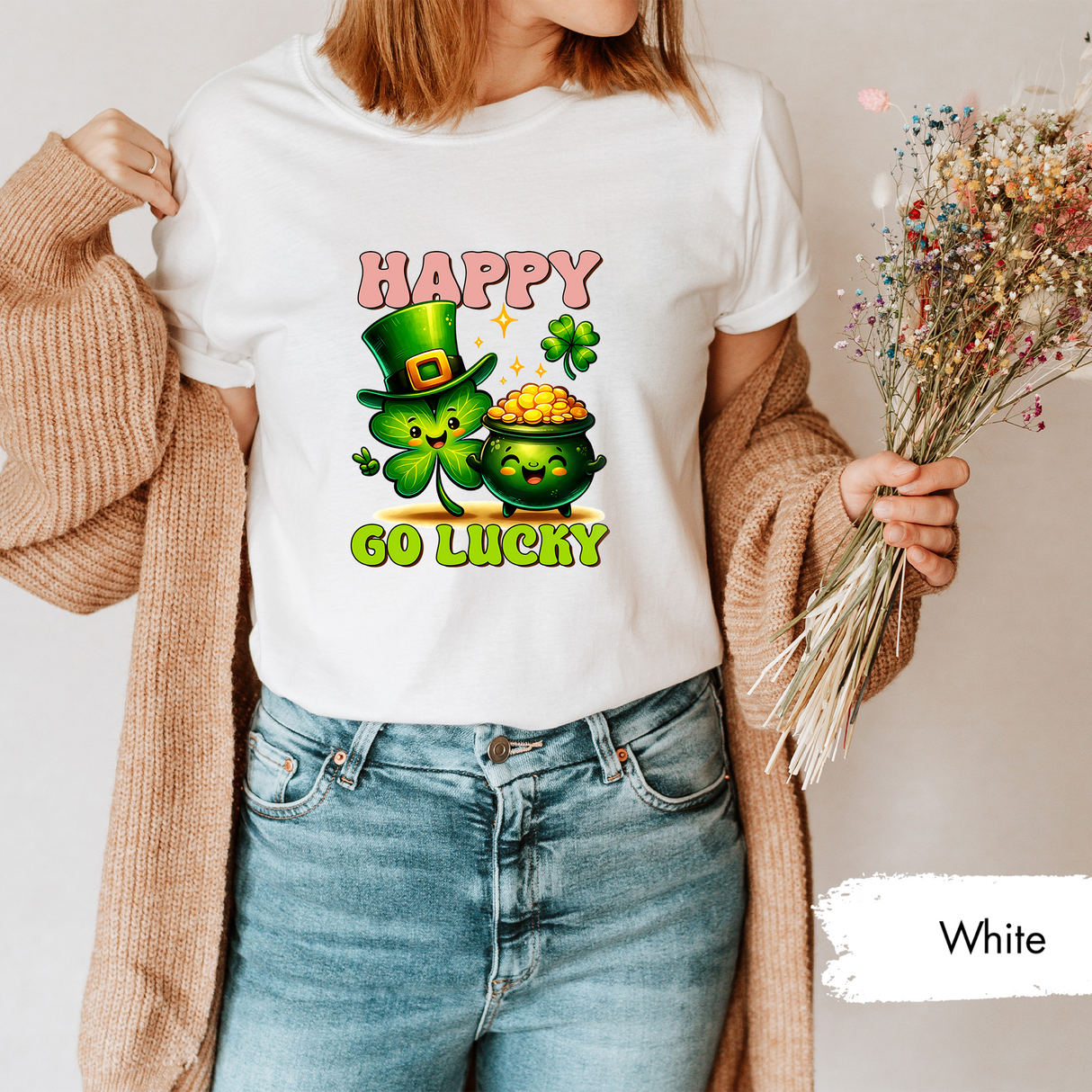 Happy Go Lucky Shirt, St Patricks Shirt, Cute Shamrock Tee,  Lucky Gift, Irish Day Gift, Irish Clover Graphic Tee,Funny St Paddys Day Outfit