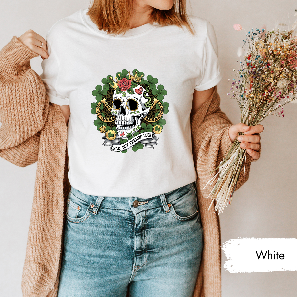 Dead But Feelin Lucky T-Shirt, Skull Clover Shirt, St Patrick's Day Tee, Lucky Skeleton Shirt, Irish Luck Graphic Tee, Gothic Skull Shirt