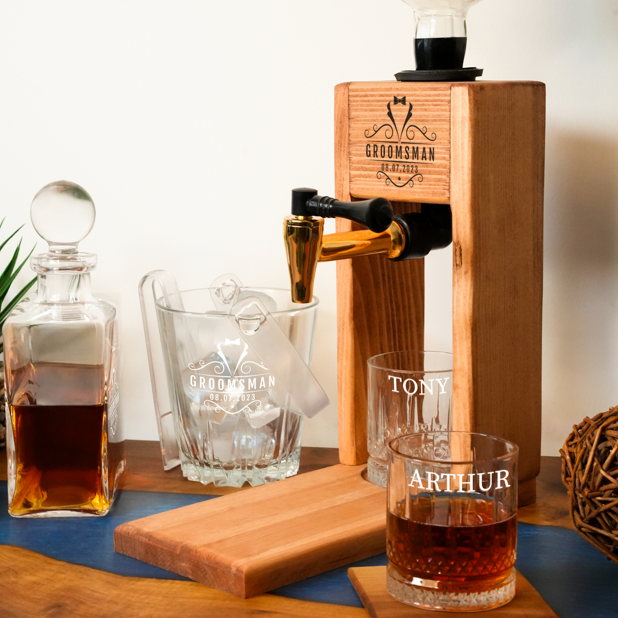 Personalized Wedding Gift Whiskey Dispenser, Engraved Liquor Dispenser, Groomsmen Gift, Bourbon Whiskey Decanter with Glass, Custom Barware