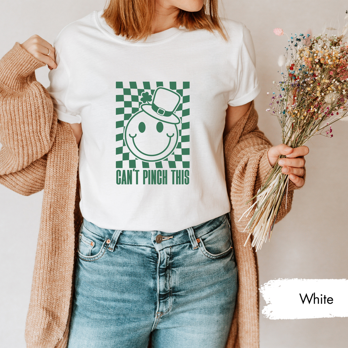 Can't Pinch This Shirt, Funny St Patricks Day Tee, Retro Smiley Face Shamrock TShirt, Lucky Irish Checkerboard Graphic Tee, Saint Pattys Day
