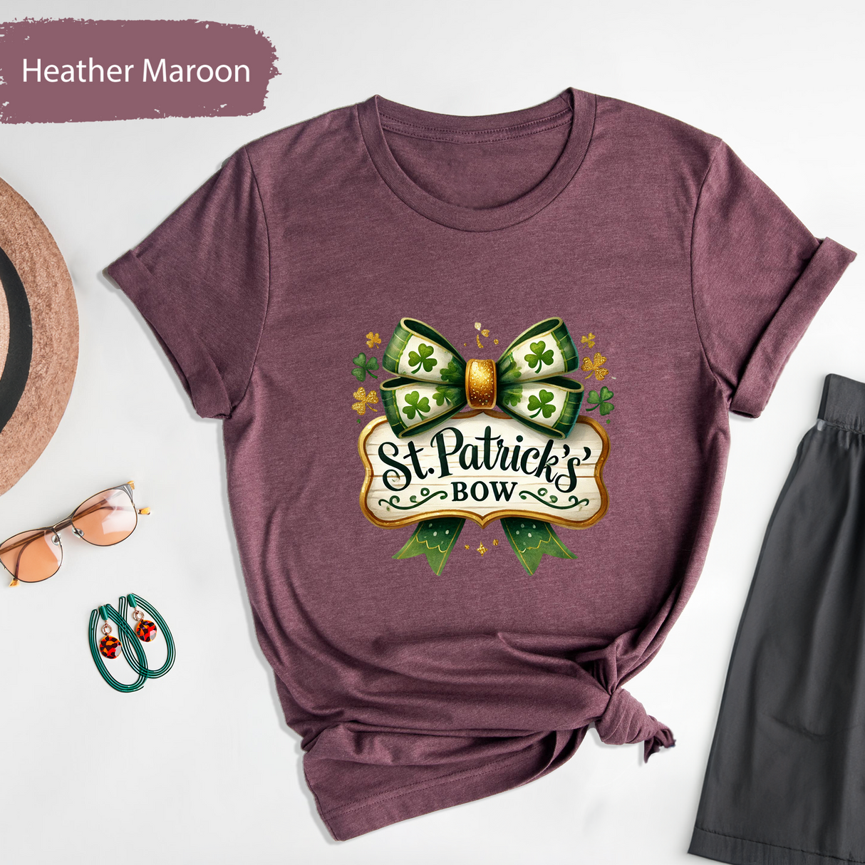 St. Patricks Bow T-Shirt, Cute Shamrock Bow Shirt, Irish Clover Graphic Tees, Coquette Bow T-shirt, St Paddys Day Shirt, Womens Lucky Charm