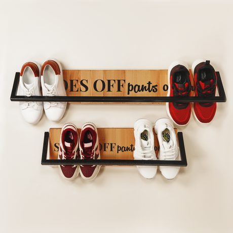 two wall-mounted shoe racks of different sizes with shoes on them