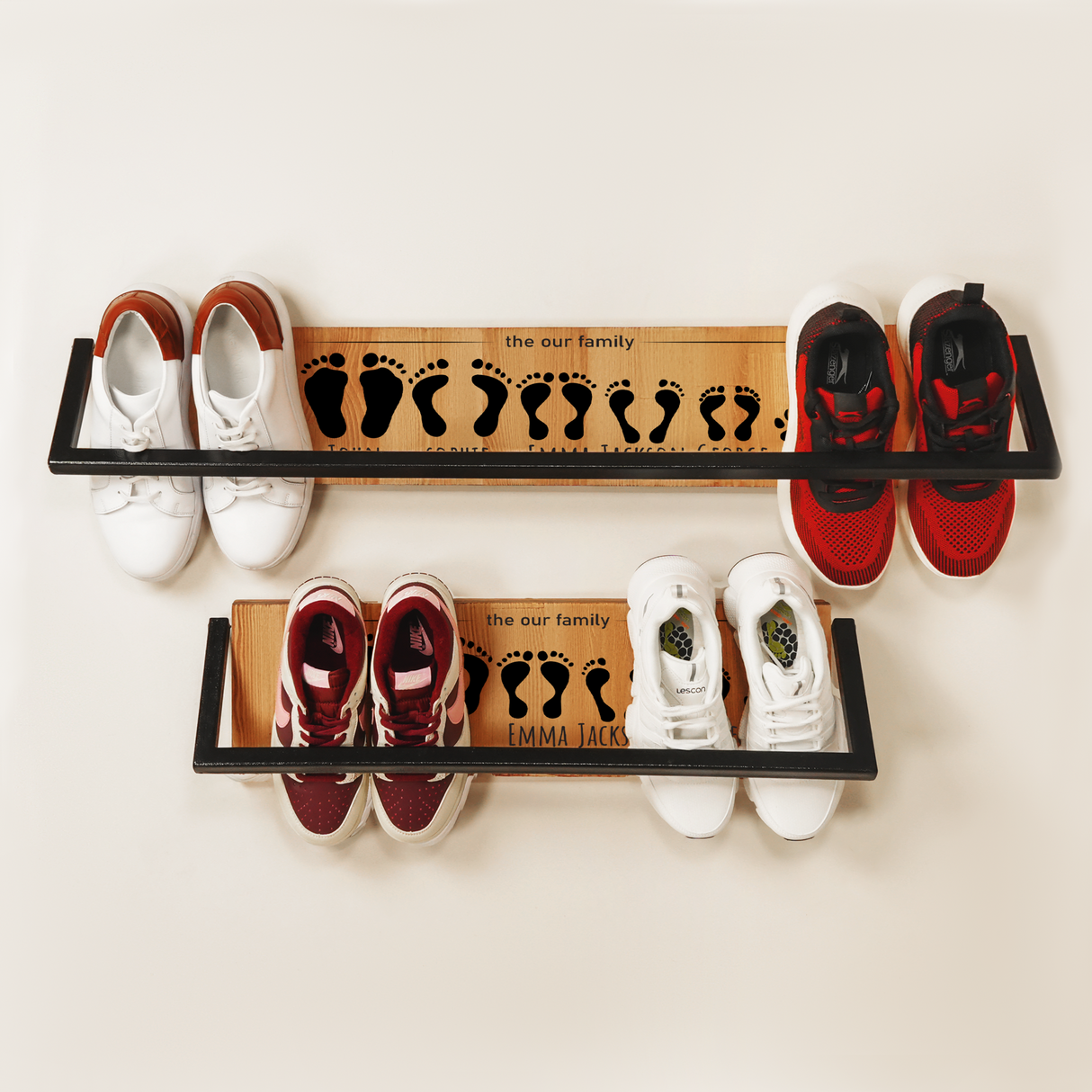 two wall-mounted shoe racks of different sizes with shoes on them