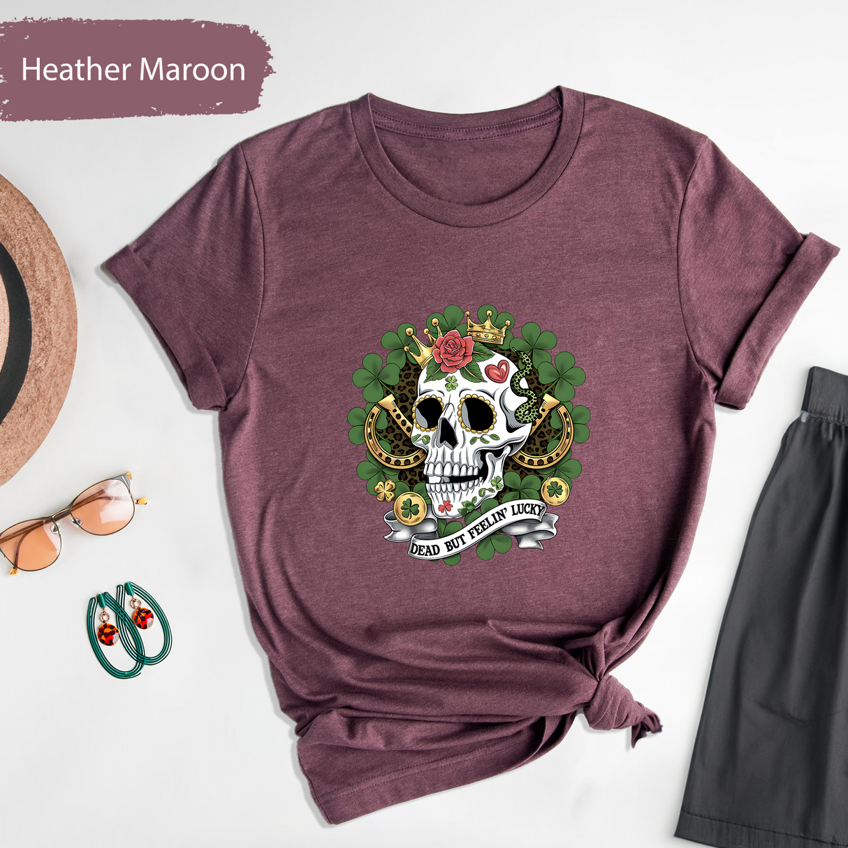 Dead But Feelin Lucky T-Shirt, Skull Clover Shirt, St Patrick's Day Tee, Lucky Skeleton Shirt, Irish Luck Graphic Tee, Gothic Skull Shirt