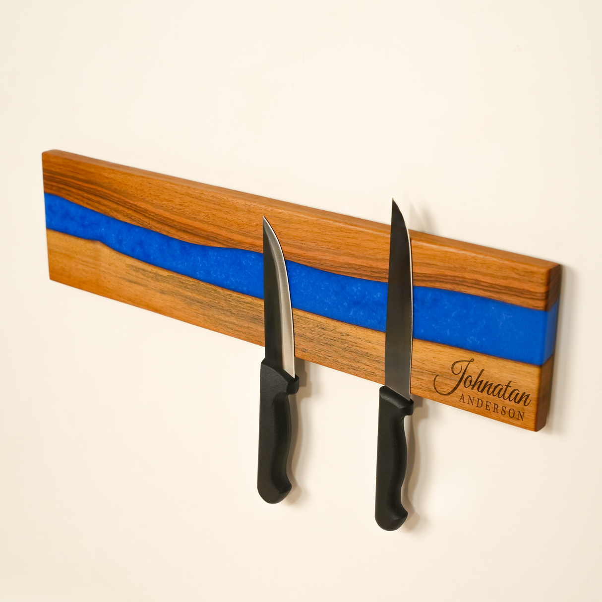 Peronalized Epoxy Walnut Knife Holder with Magnetic Stand: Laser Engraved Wood Rack, Handmade Kitchen Gift