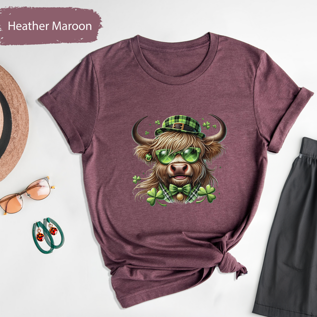 Highland Cattle St Patricks Day Shirt, Funny Lucky Irish Bull Tee, Green Day Shirt, Shamrock Highland Cow T-Shirt, Retro St Patricks Shirt