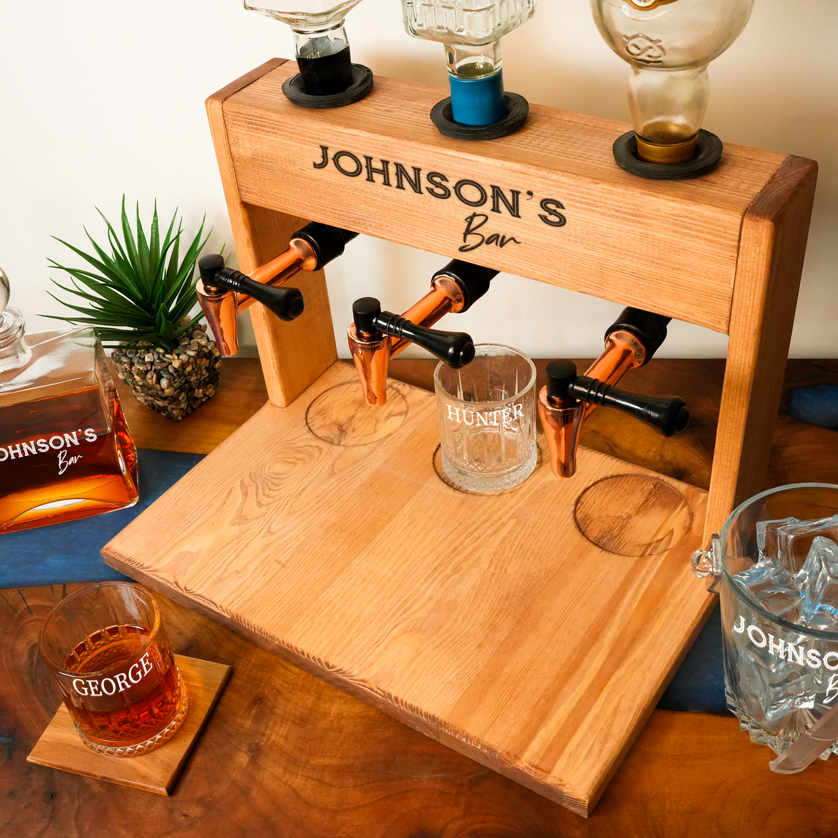 Personalized Name Wooden Whiskey Dispenser with Glasses, Grandpa Gifts, Liquor Decanter, Fathers Day, Alcohol Gift Set, Barware for Men