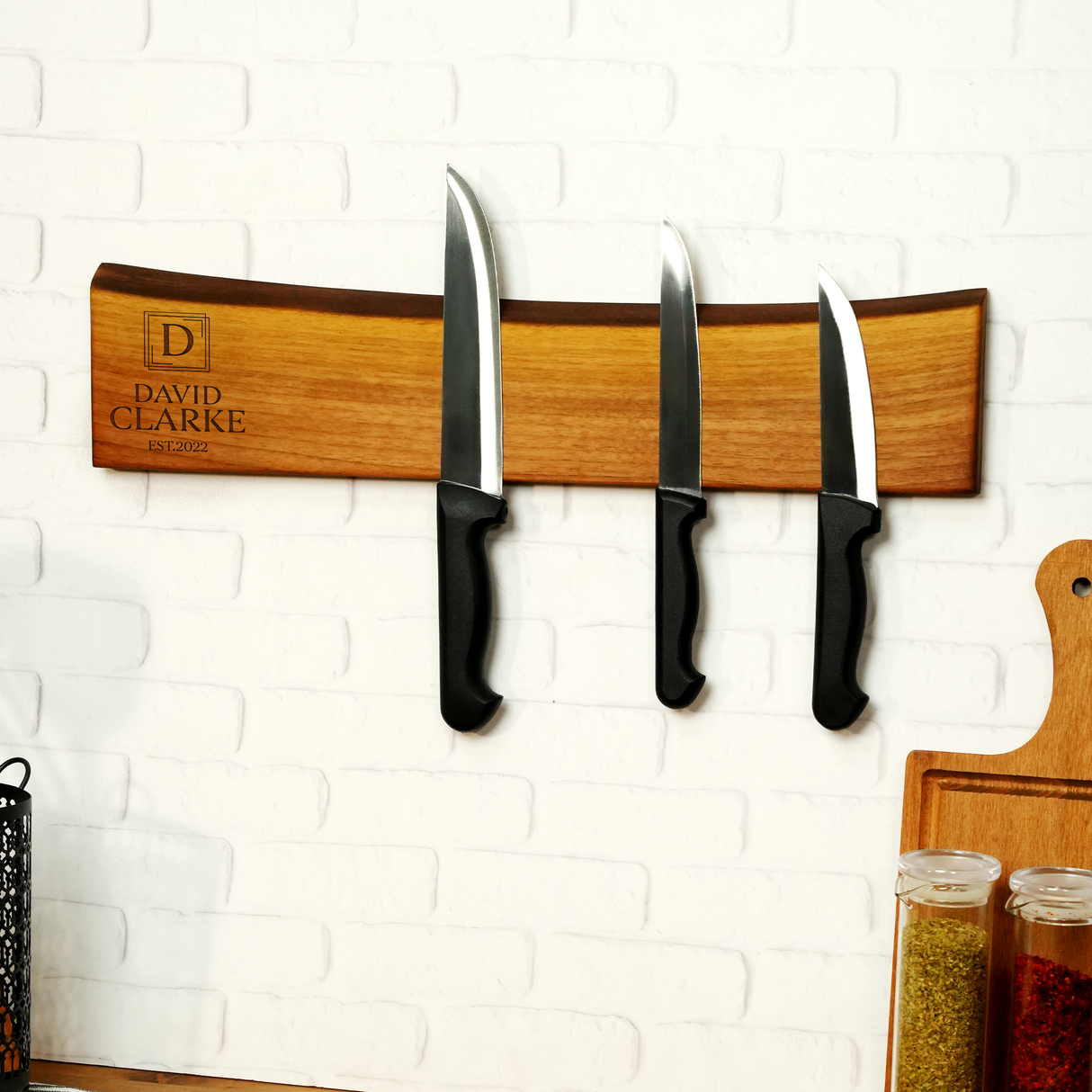 Live Edge Wooden Magnetic Knife Display Stand: Personalized Kitchen Block, Couples Anniversary