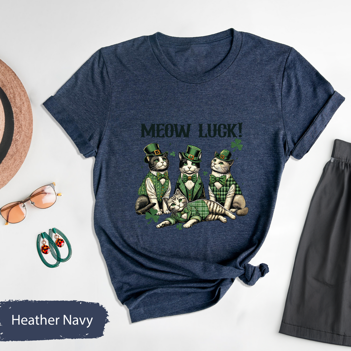Meow Luck St Patricks Day Shirt, Cute Leprechaun Cats T-Shirt, Funny Irish Kitty Tee, Lucky Cat Lover Shirt, Patricks Day Gift for Cat Mom