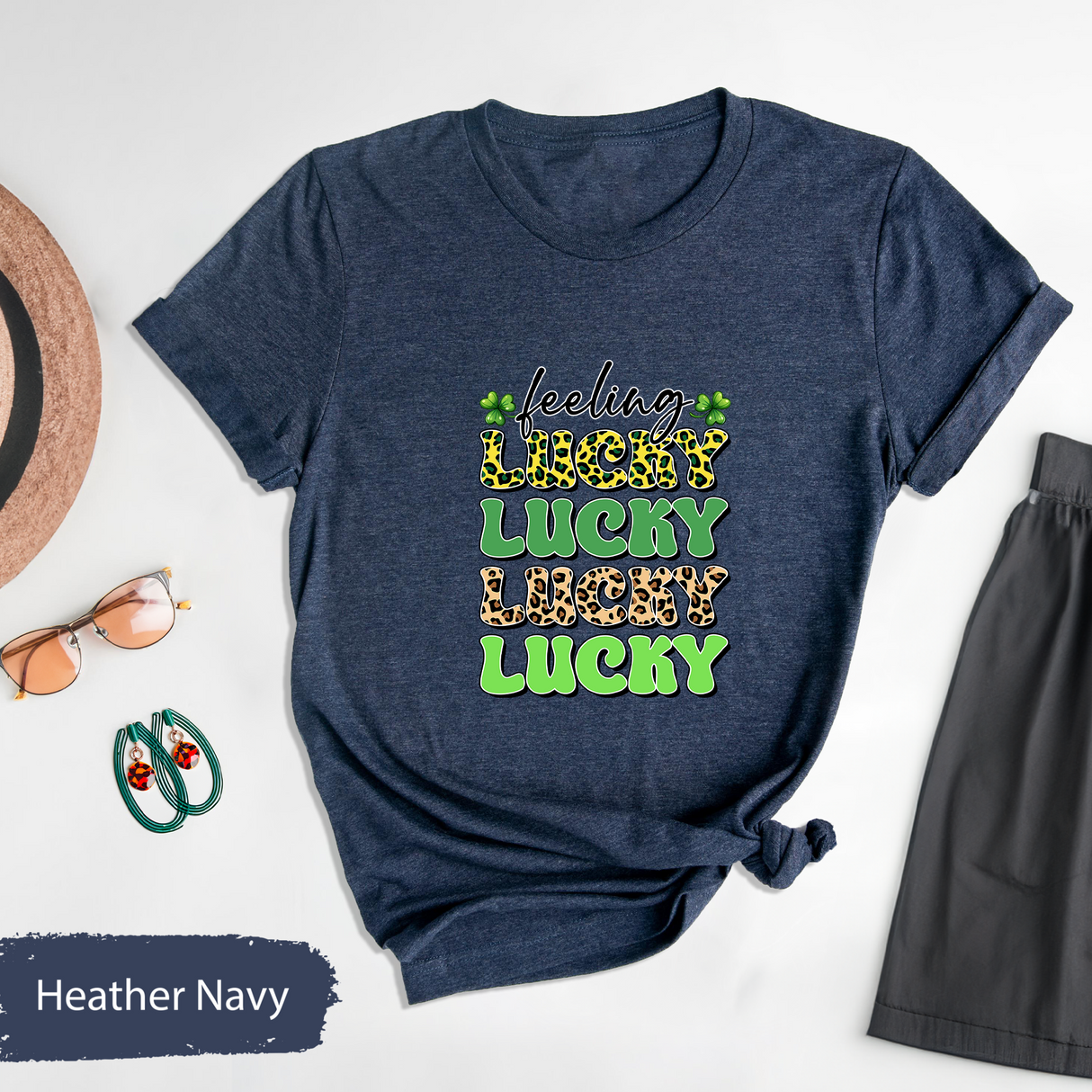 Feeling Lucky Shirt, St. Patrick’s Day Leopard Print Tee, Shamrock Lucky Graphic T-Shirt, Trendy Irish Day Gift, St Paddys Day for Womens