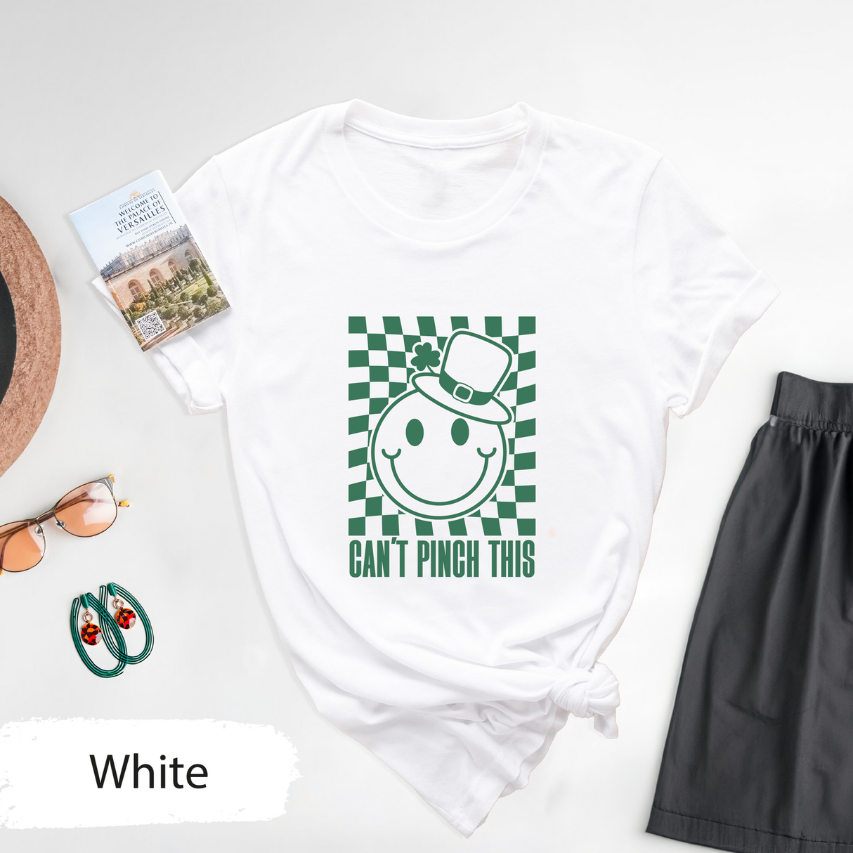 Can't Pinch This Shirt, Funny St Patricks Day Tee, Retro Smiley Face Shamrock TShirt, Lucky Irish Checkerboard Graphic Tee, Saint Pattys Day
