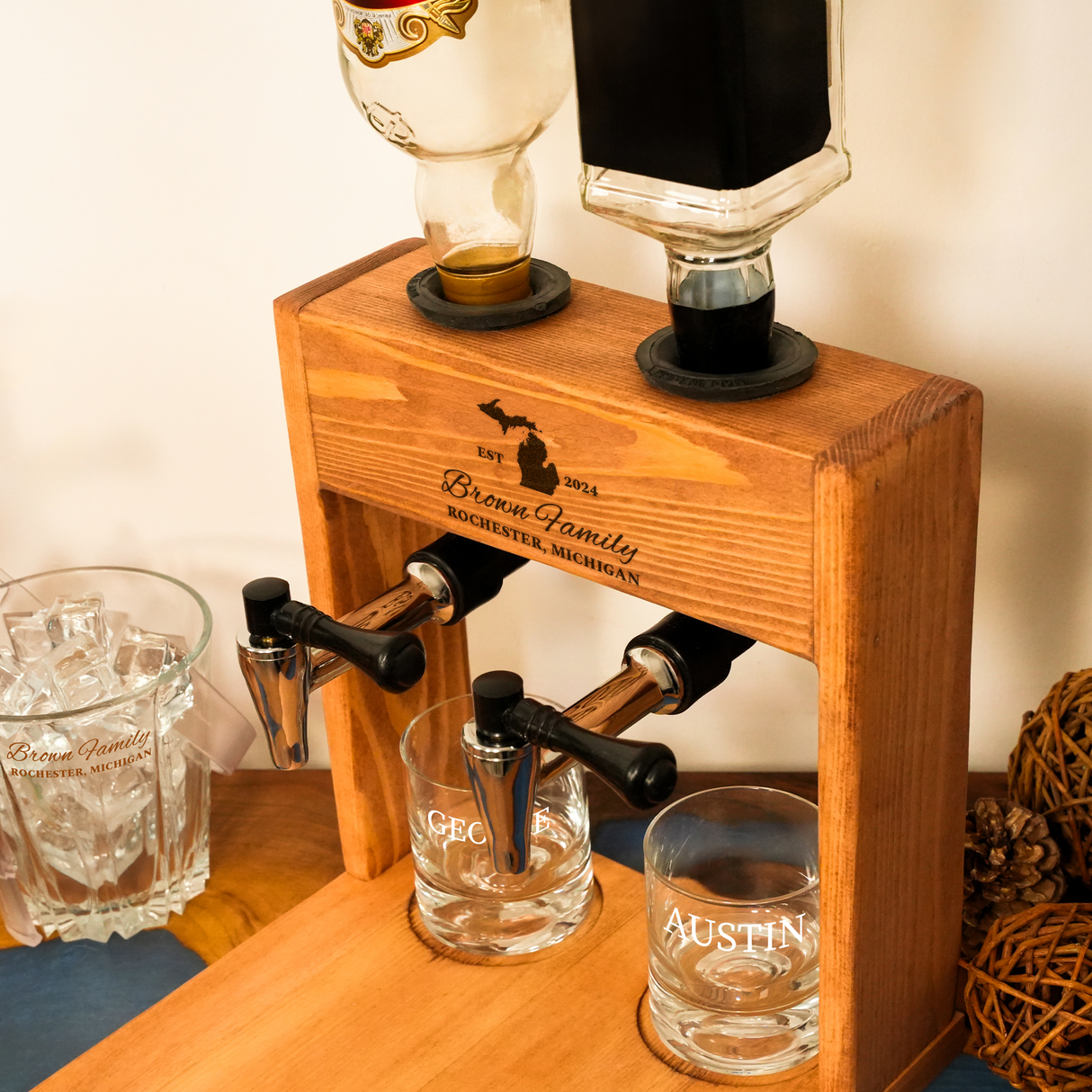 Custom Engraved Wood Liquor Dispenser, Housewarming Gift, Personalized Dispenser with Whiskey Glasses, Gift for Couples, Bourbon Decanter