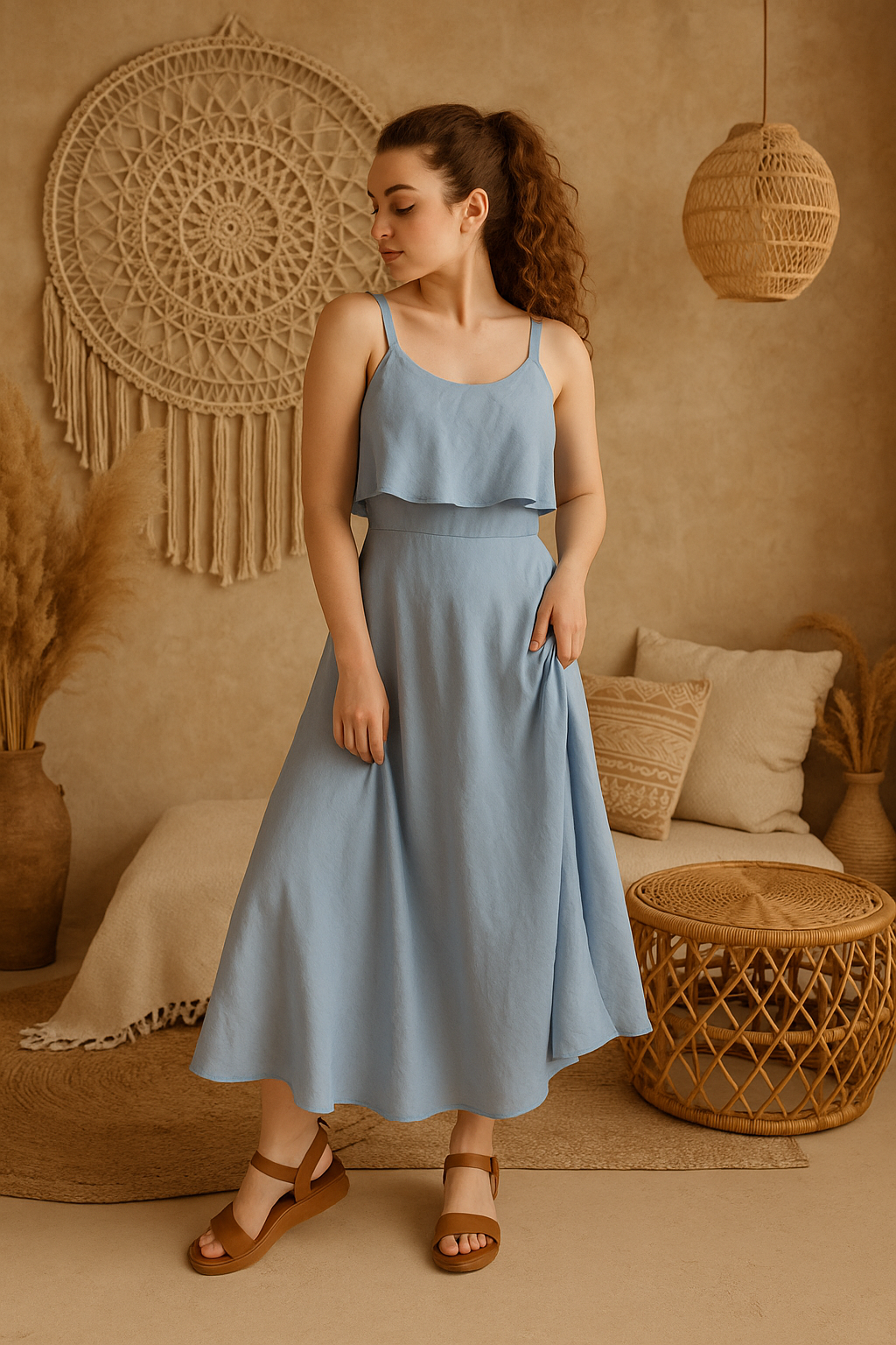 Linen Midi Dress, Sleeveless Summer Outfit for Women, Linen Casual Dress with Straps, Flowy Linen Shirt, Minimalist, Breathable Clothing