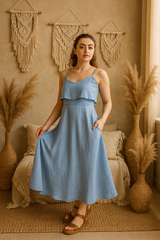 Linen Summer Dress, Boho Midi Outfit with Strap, Linen Dresses for Women, Lightweight Breathable Clothing, A-Line Linen Dress, Vacation Wear