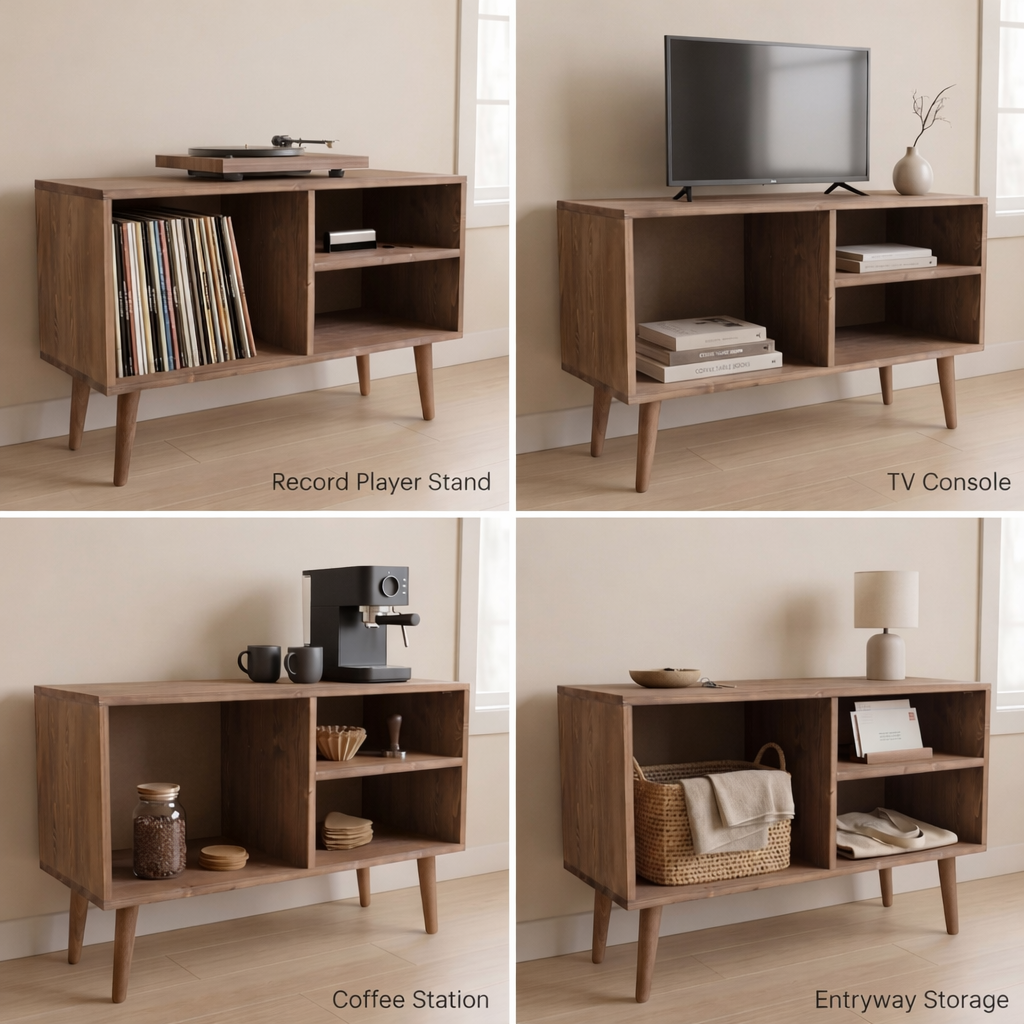 Mid-Century Record Player Stand with Vinyl Storage | Wooden Console Cabinet