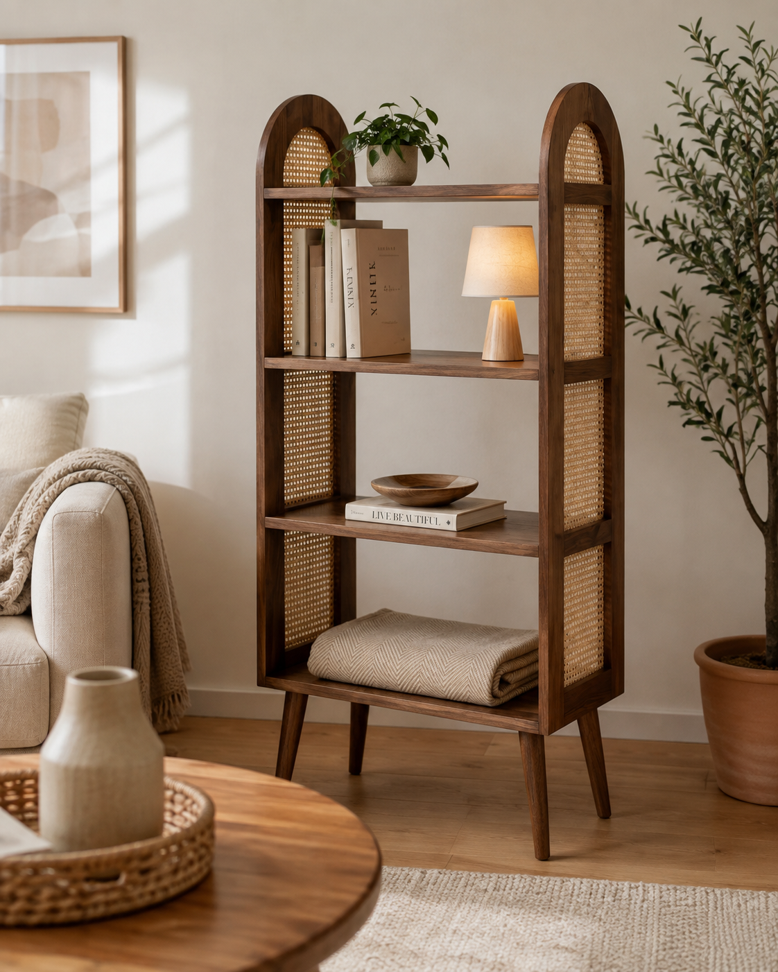 Mid-Century Rattan Display Shelf | Modern Open Bookcase