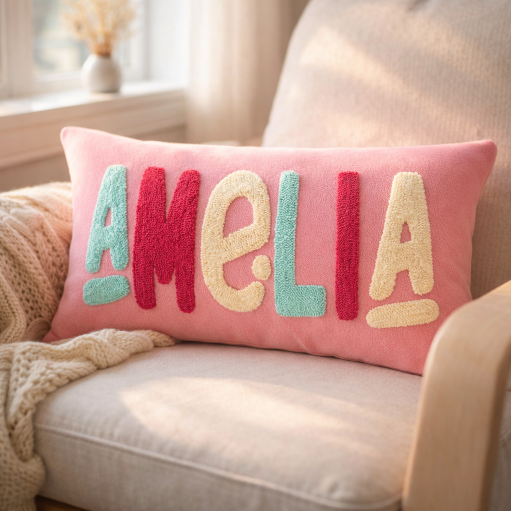 Personalized Baby Name Pillow – Punch Needle Nursery Keepsake