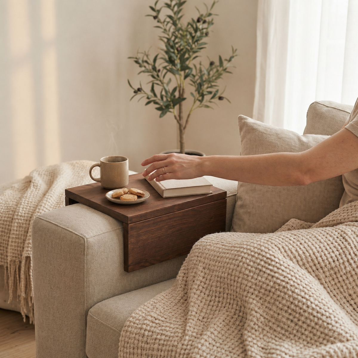 Couch Armrest Table with Book Holder | Wooden Sofa Tray